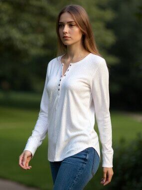 Chaser Waffle-Knit/Thermal Relaxed Henley Top Sz L Light Beige #270H